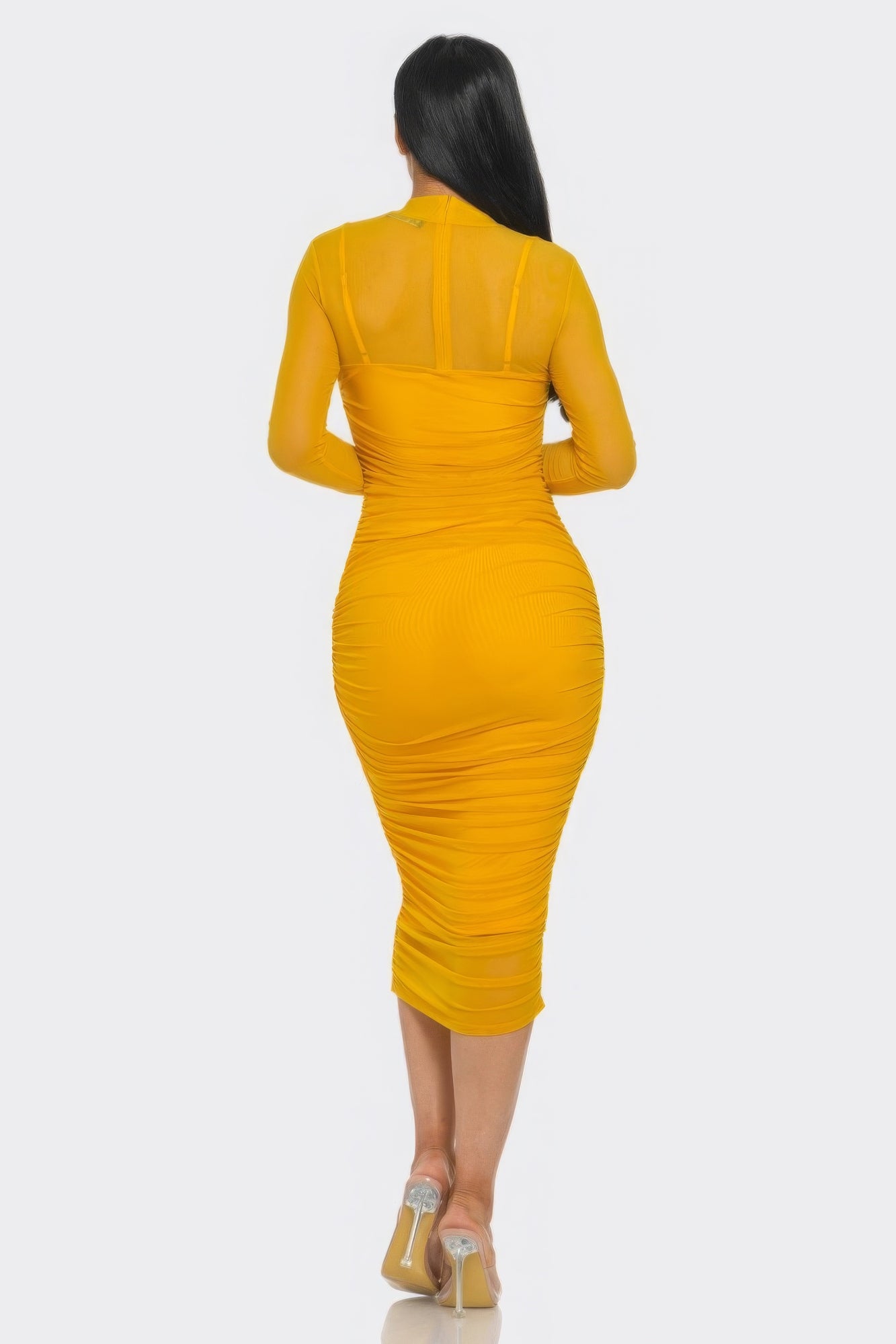Solid Mesh Ruched Midi Dress - LODIMAE FASHION
