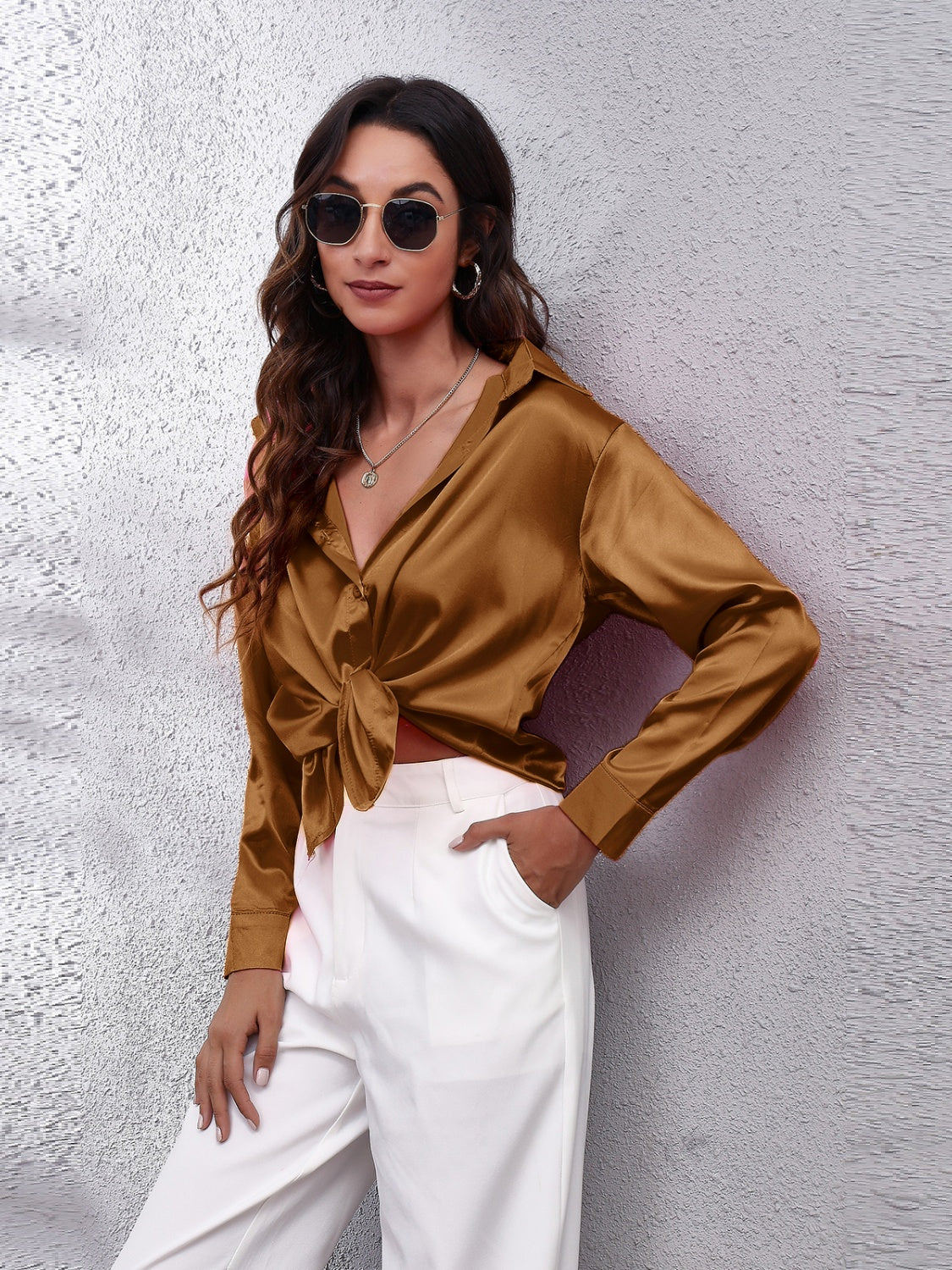 Collared Neck Buttoned Long Sleeve Shirt - LODIMAE FASHION