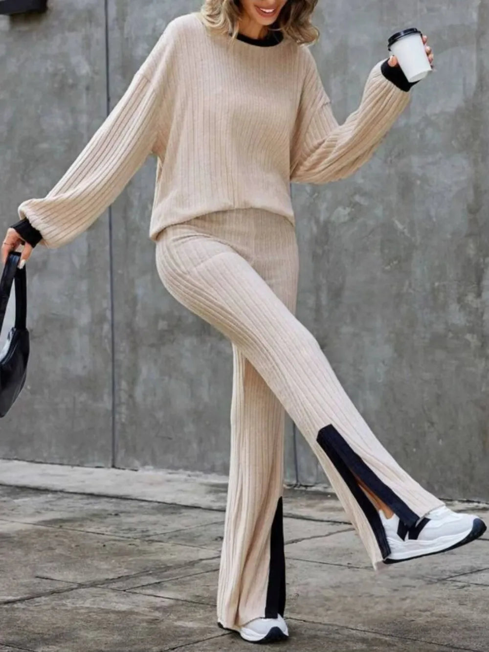 Contrast Round Neck Long Sleeve Top and Bootcut Pants Set - LODIMAE FASHION