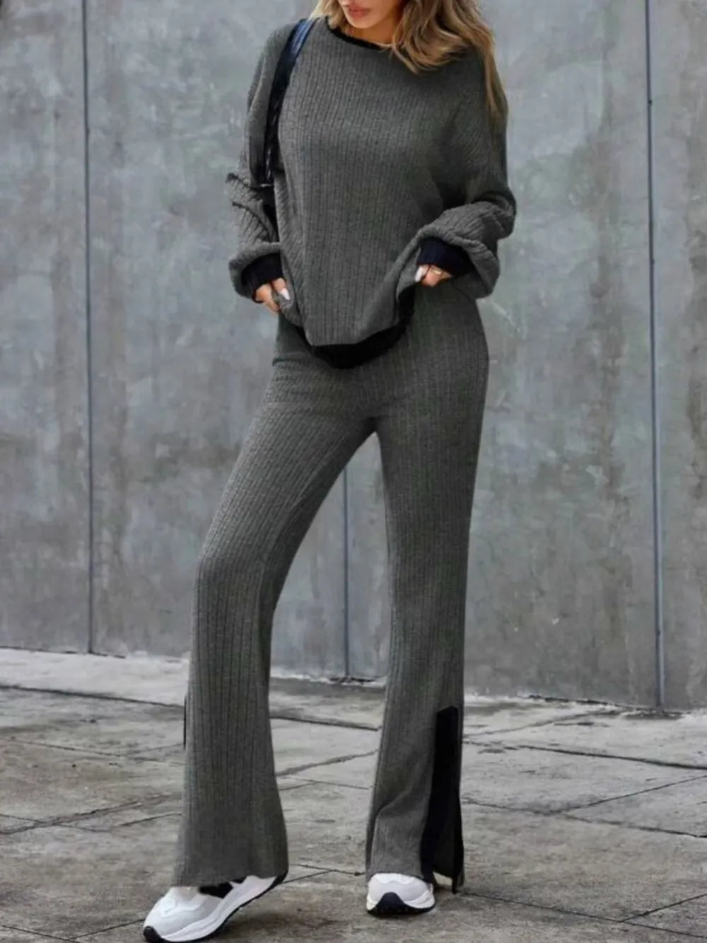 Contrast Round Neck Long Sleeve Top and Bootcut Pants Set - LODIMAE FASHION