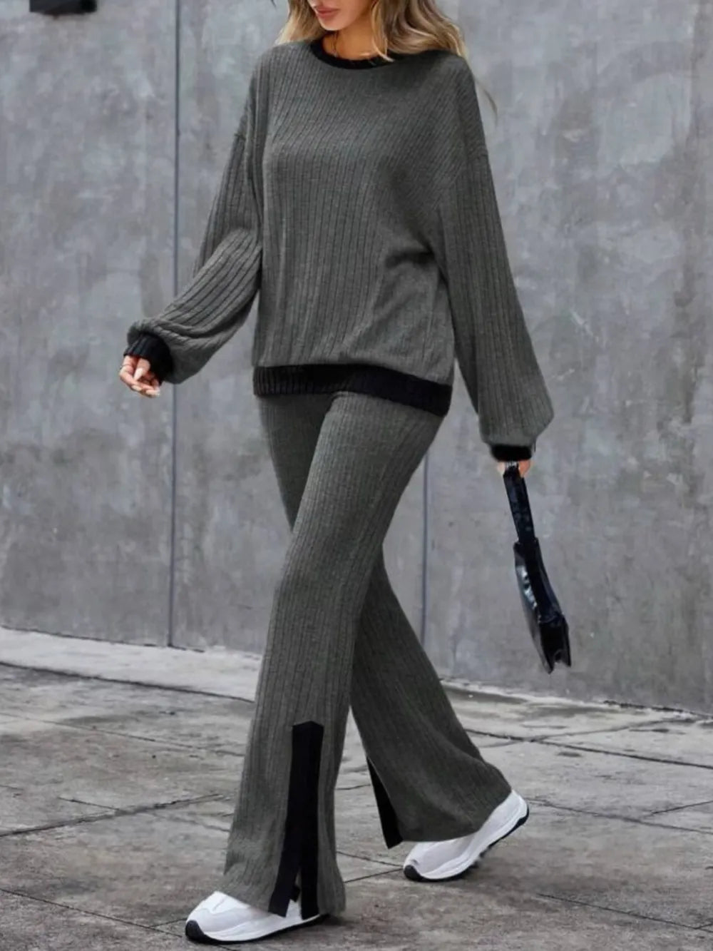 Contrast Round Neck Long Sleeve Top and Bootcut Pants Set - LODIMAE FASHION