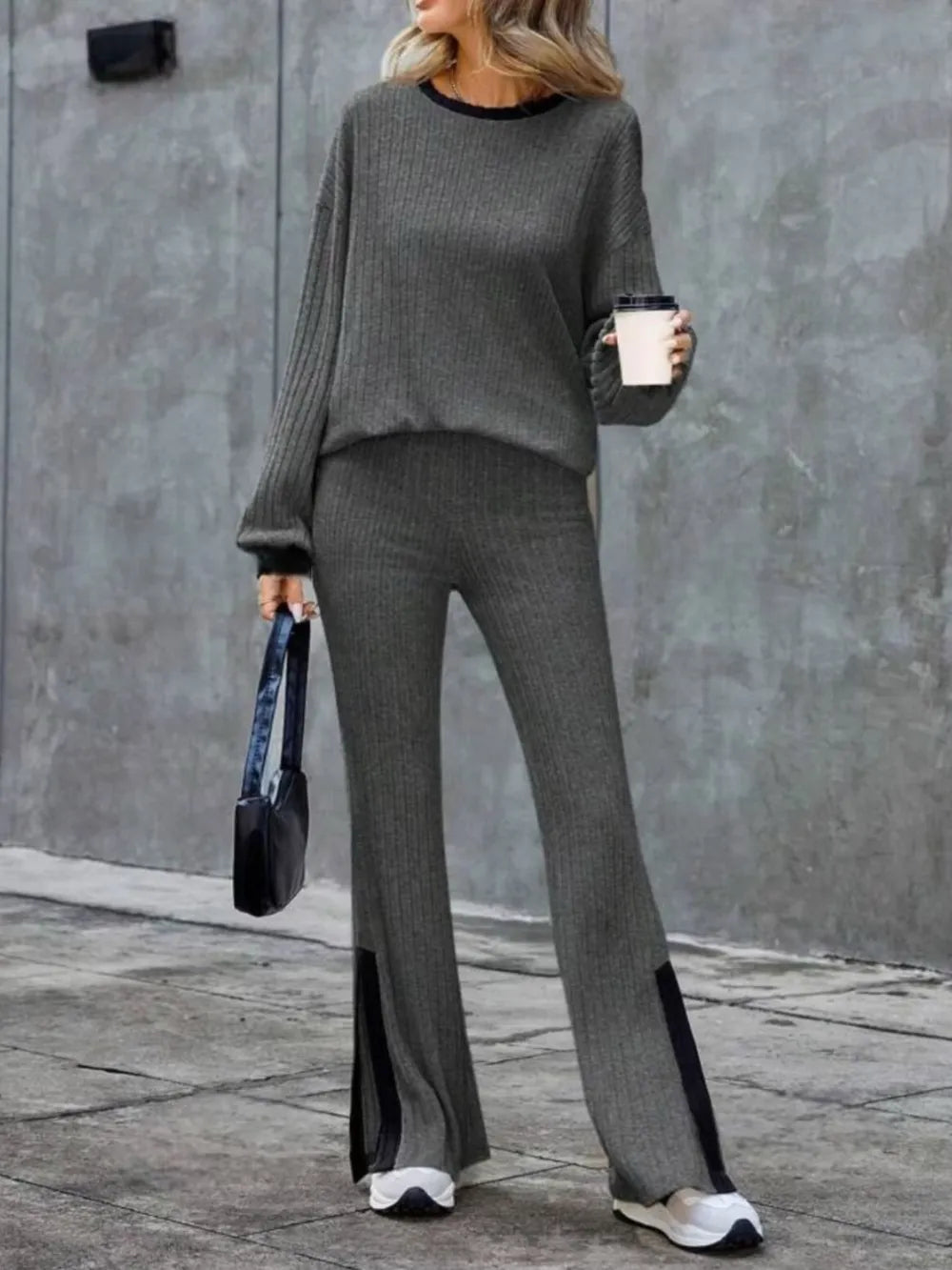 Contrast Round Neck Long Sleeve Top and Bootcut Pants Set - LODIMAE FASHION