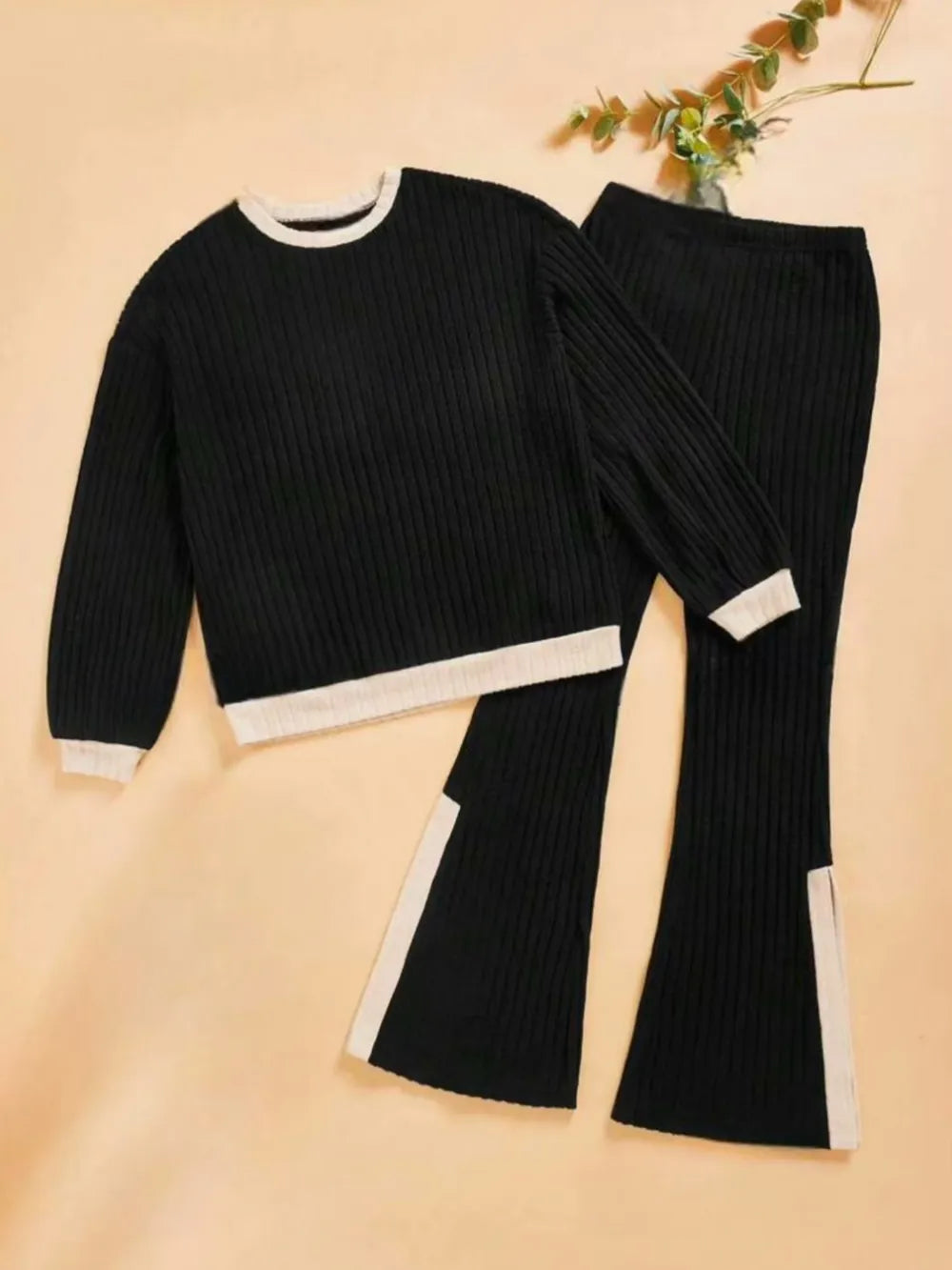 Contrast Round Neck Long Sleeve Top and Bootcut Pants Set - LODIMAE FASHION