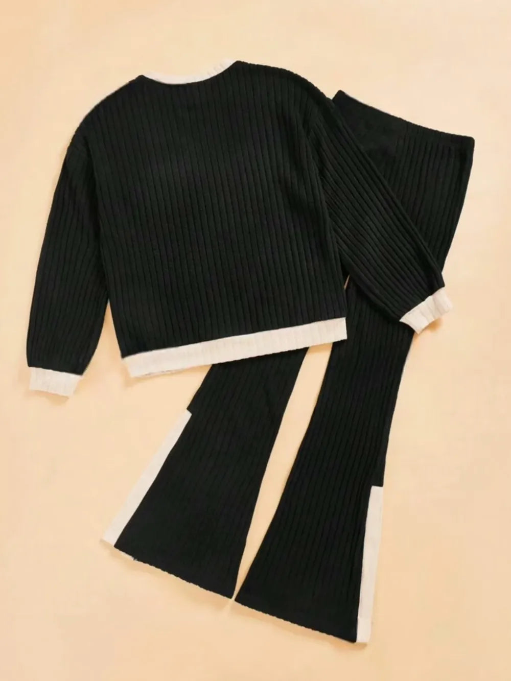 Contrast Round Neck Long Sleeve Top and Bootcut Pants Set - LODIMAE FASHION