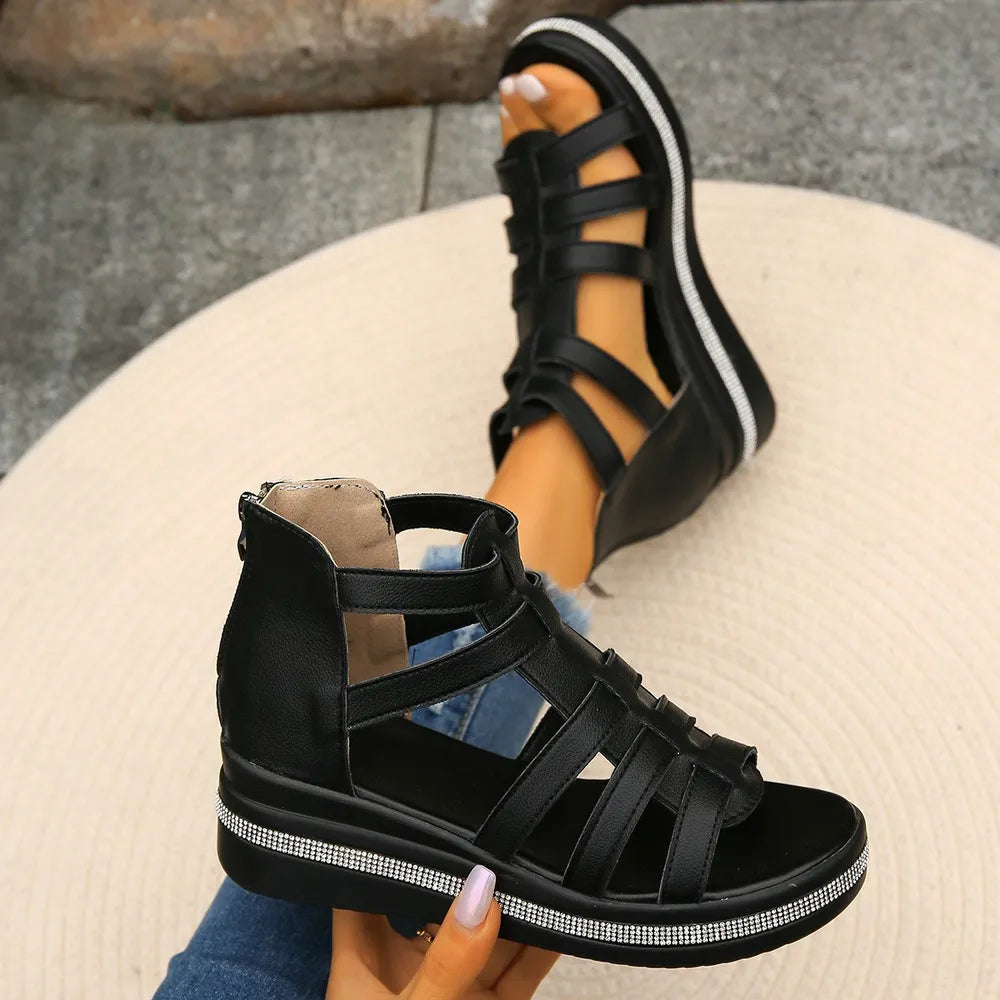 Cutout Rhinestone Trim Wedge Sandals - LODIMAE FASHION