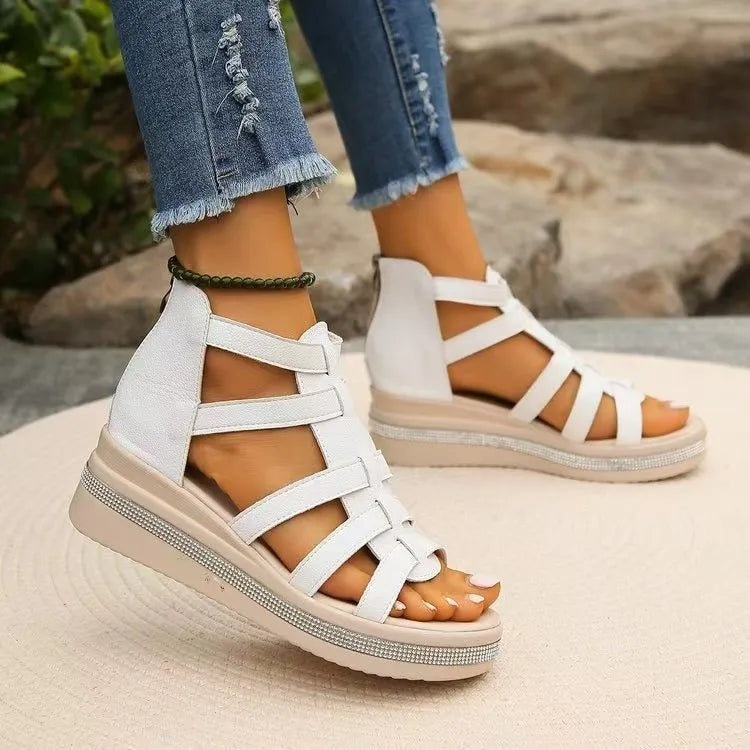 Cutout Rhinestone Trim Wedge Sandals - LODIMAE FASHION