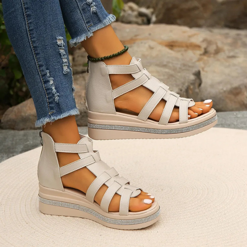 Cutout Rhinestone Trim Wedge Sandals - LODIMAE FASHION