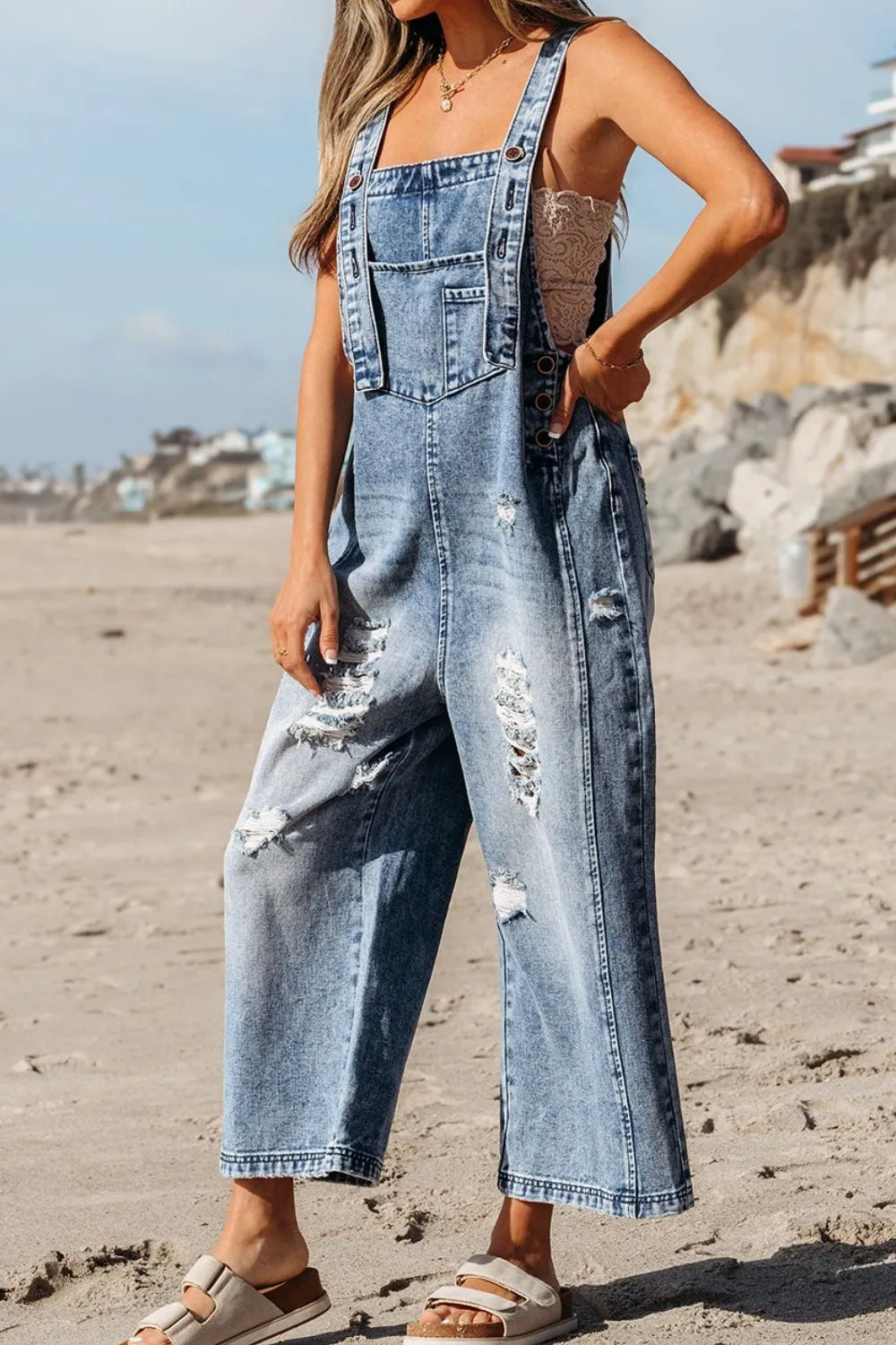 Distressed Denim Overalls – Wide Leg Bib Pocket Jumpsuit - LODIMAE FASHION