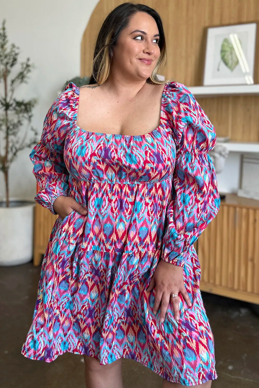 Double Take Full Size Printed Long Sleeve Dress - LODIMAE FASHION