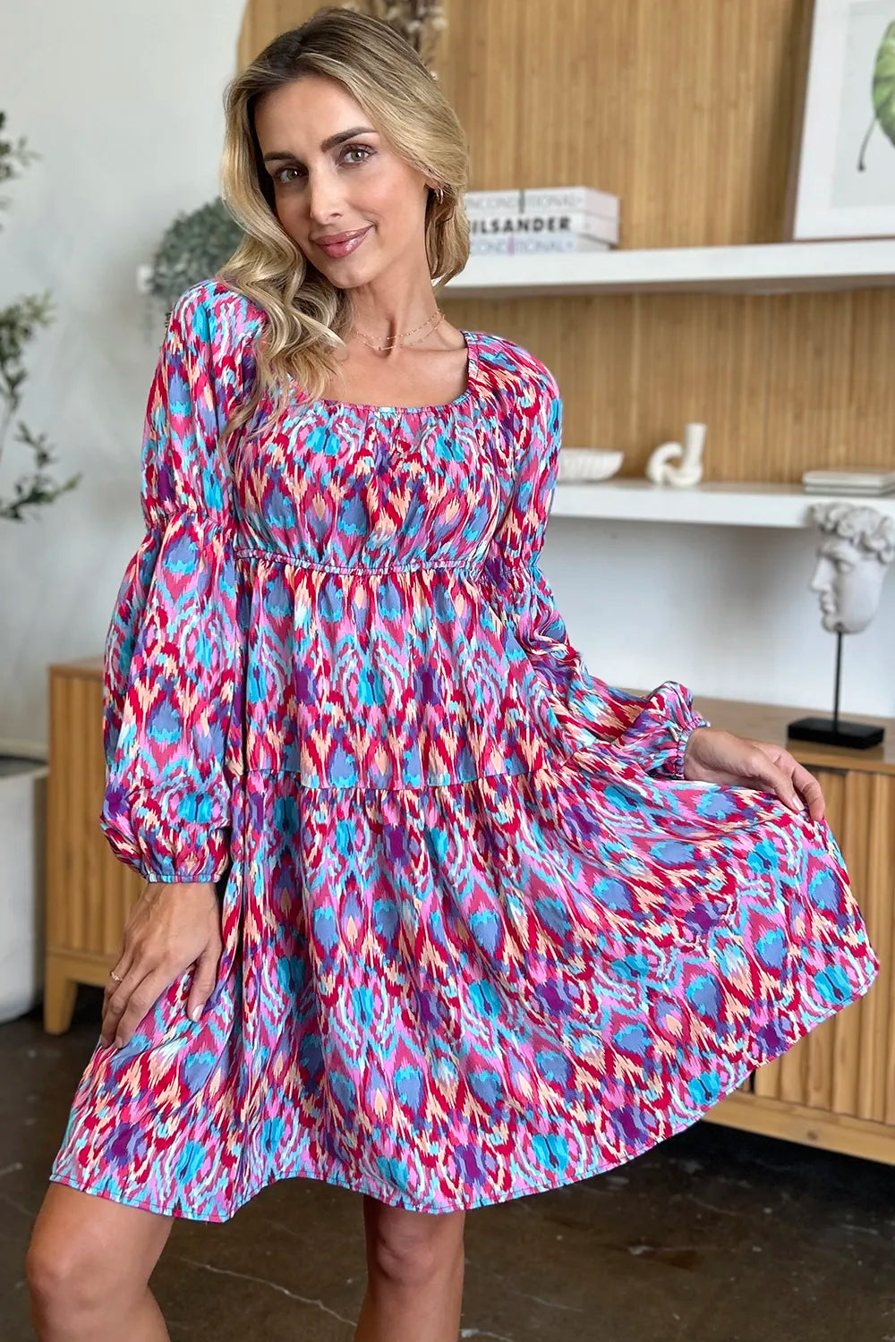 Double Take Full Size Printed Long Sleeve Dress - LODIMAE FASHION