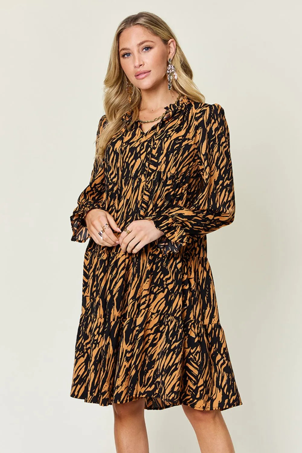 Double Take Full Size Printed Ruffle Hem Long Sleeve Dress - LODIMAE FASHION