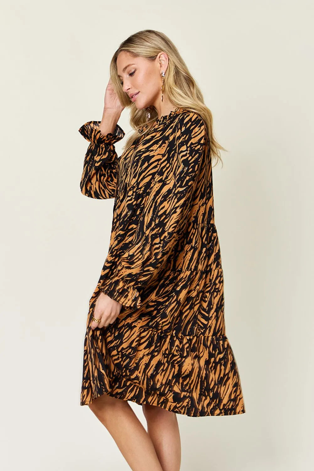 Double Take Full Size Printed Ruffle Hem Long Sleeve Dress - LODIMAE FASHION