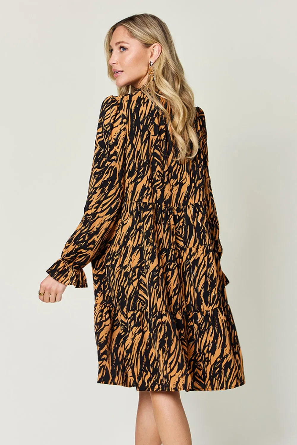 Double Take Full Size Printed Ruffle Hem Long Sleeve Dress - LODIMAE FASHION