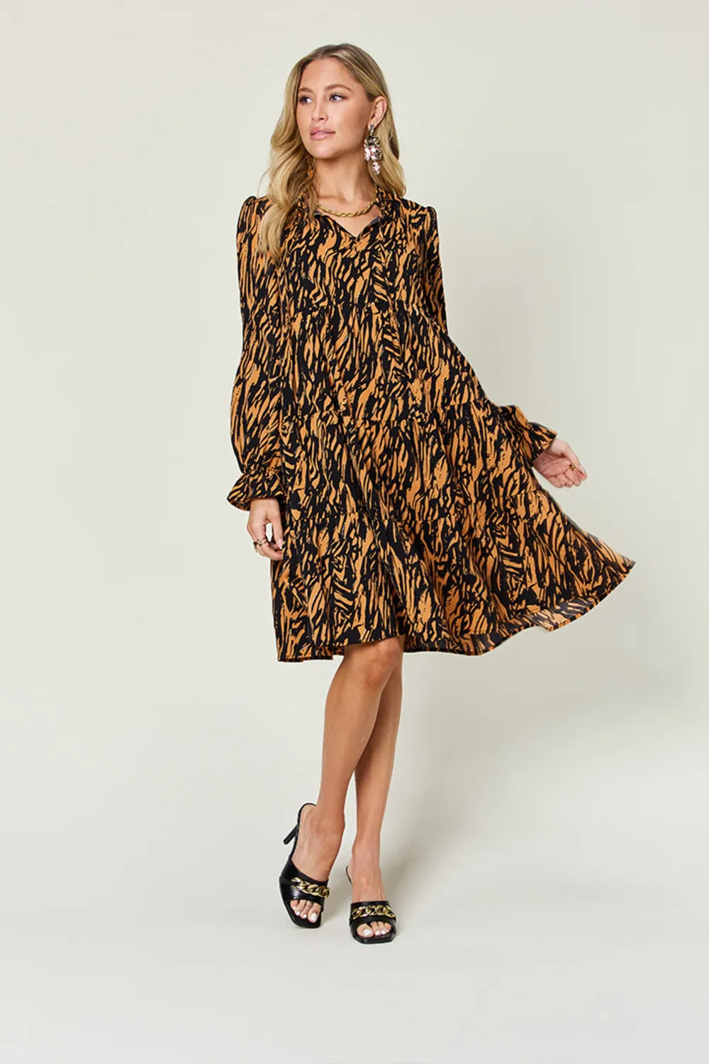 Double Take Full Size Printed Ruffle Hem Long Sleeve Dress - LODIMAE FASHION