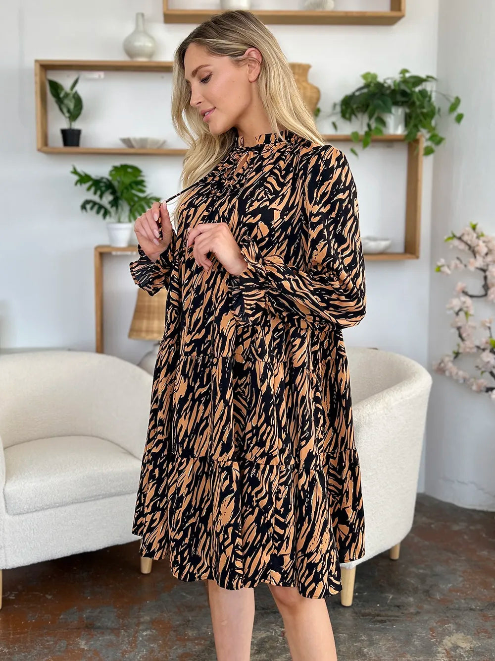 Double Take Full Size Printed Ruffle Hem Long Sleeve Dress - LODIMAE FASHION