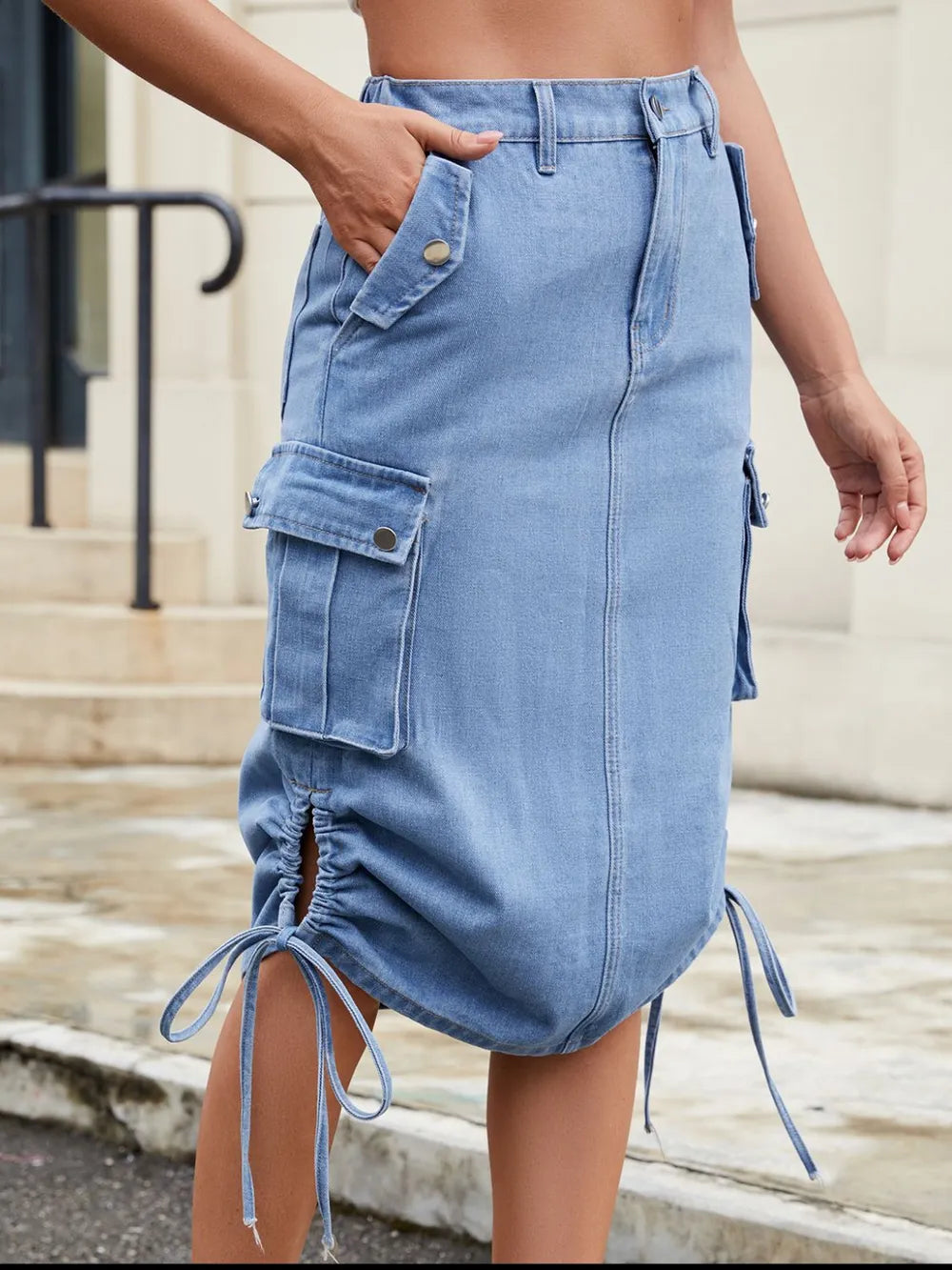 Drawstring Denim Skirt with Cargo Pockets - LODIMAE FASHION