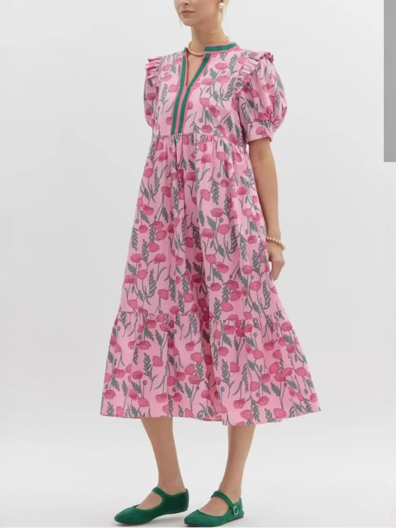 Floral Puff Sleeve Midi ruffed Dress with Contrast Trim - LODIMAE FASHION