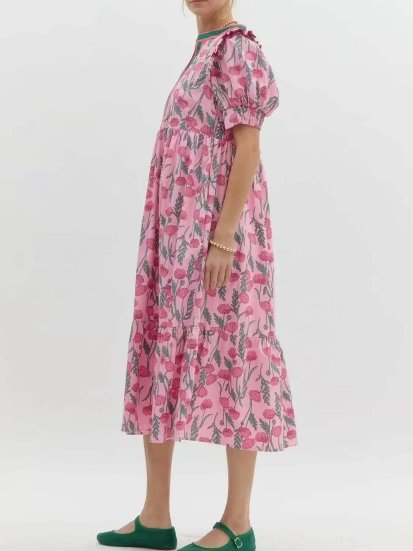 Floral Puff Sleeve Midi ruffed Dress with Contrast Trim - LODIMAE FASHION