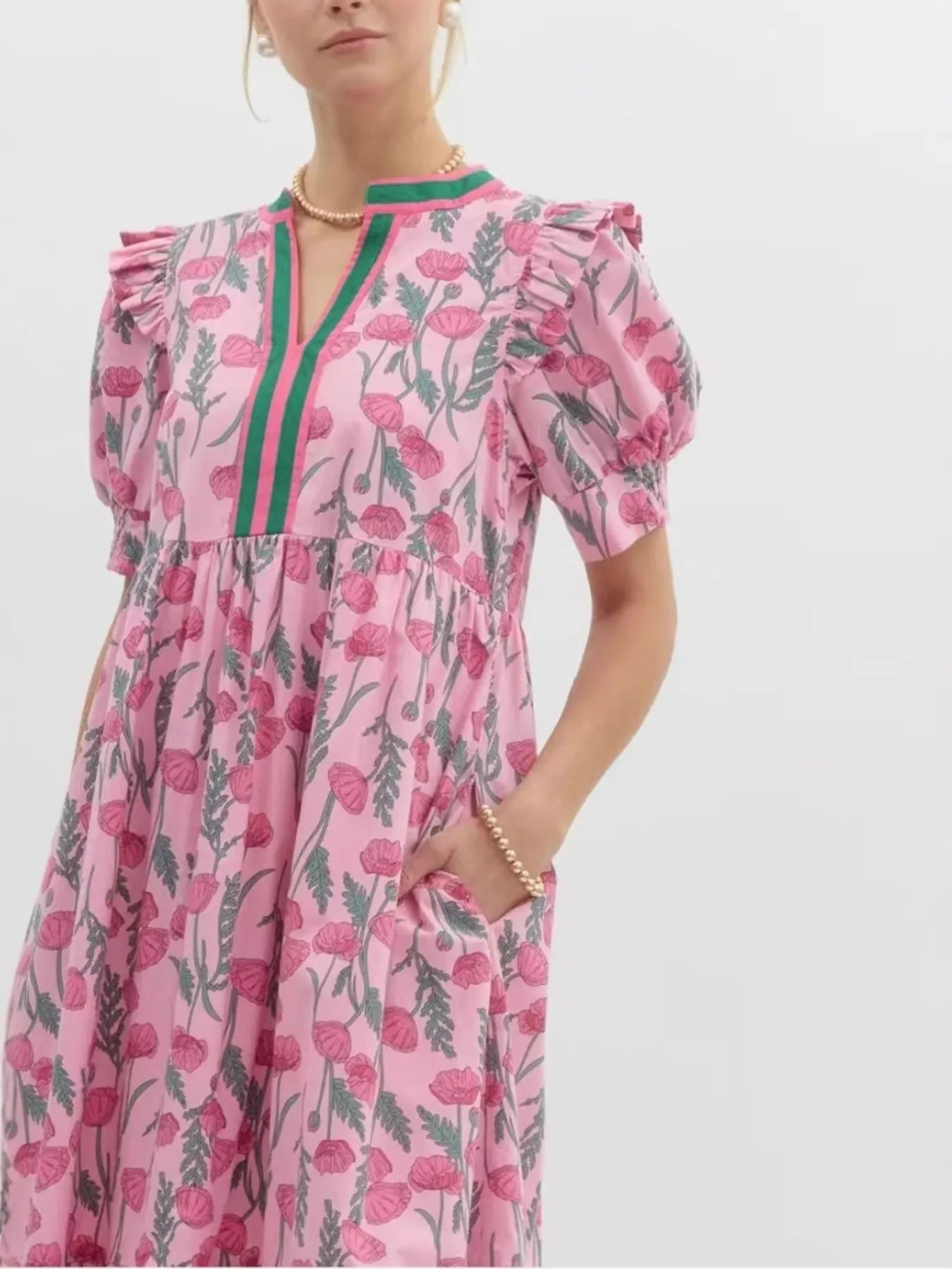 Floral Puff Sleeve Midi ruffed Dress with Contrast Trim - LODIMAE FASHION