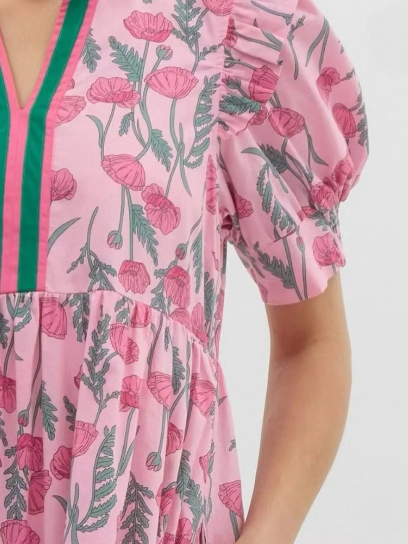 Floral Puff Sleeve Midi ruffed Dress with Contrast Trim - LODIMAE FASHION