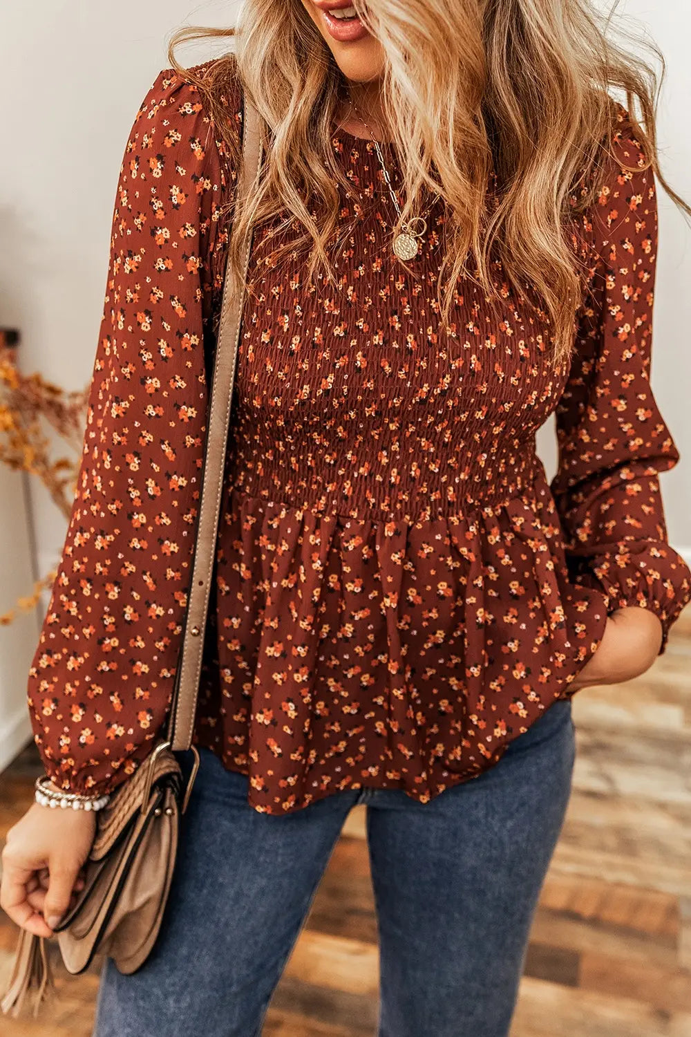 Floral Smocked Ruffle Hem Long Sleeve Blouse - LODIMAE FASHION