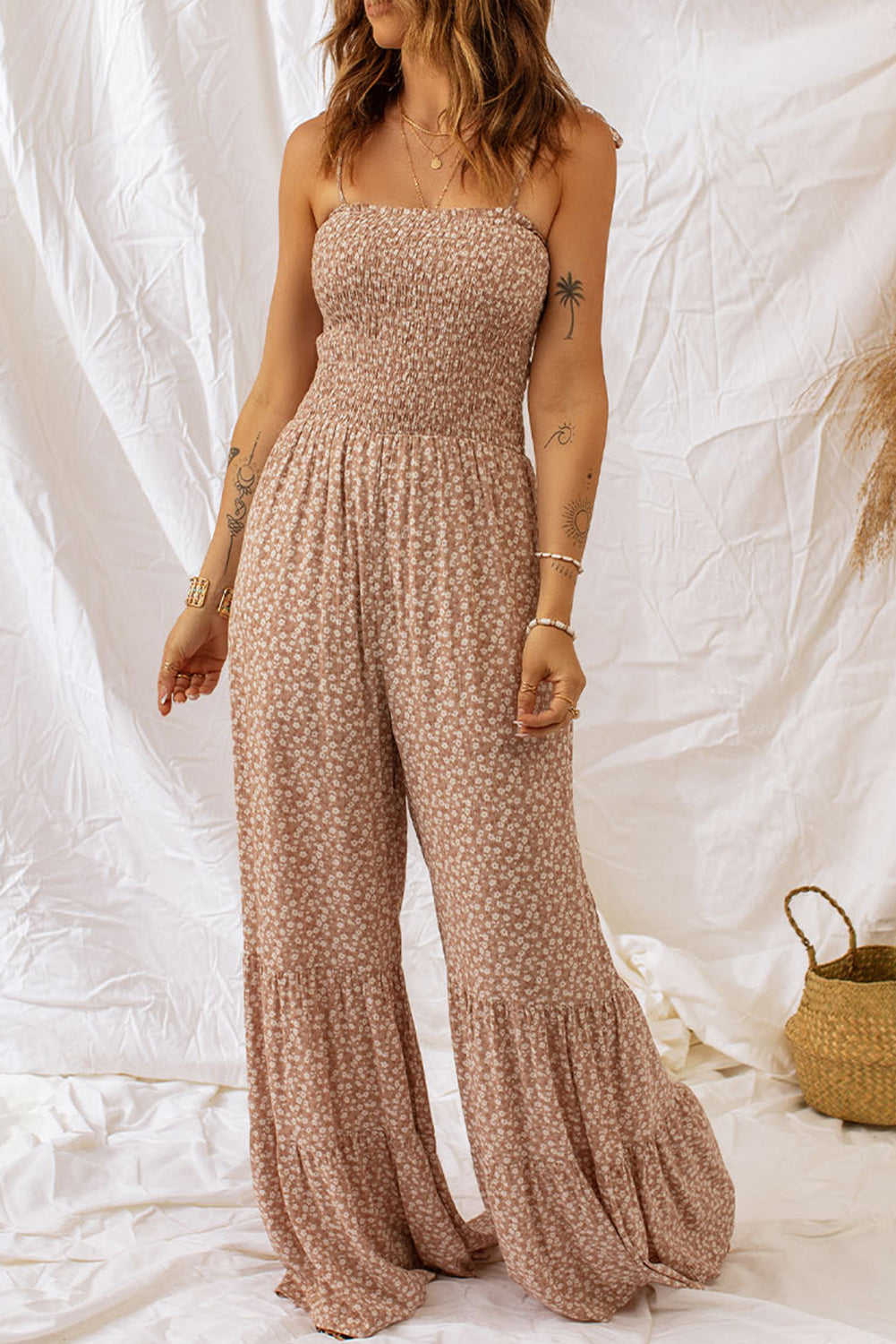 Floral Spaghetti Strap Smocked Wide Leg Jumpsuit - LODIMAE FASHION