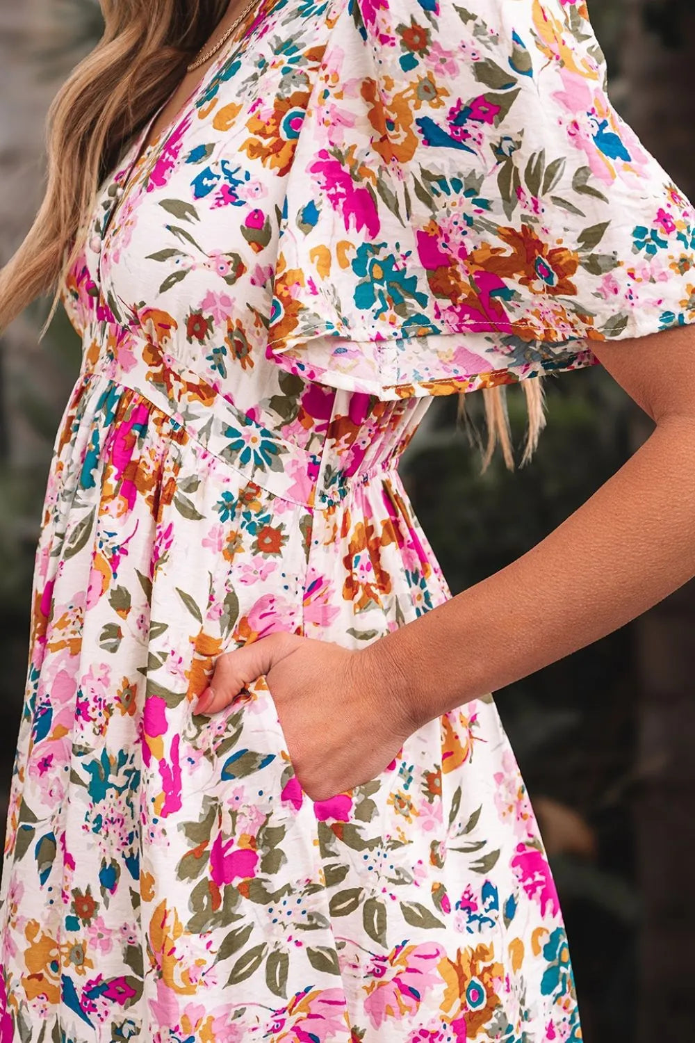 Floral V-Neck Dress with Pockets – Casual Short Sleeve Summer Fashion - LODIMAE FASHION