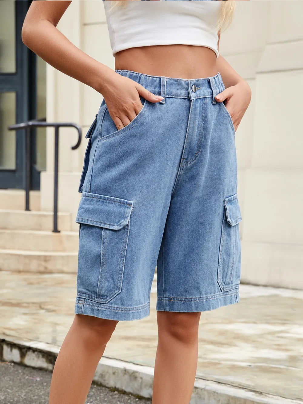 High Waist Denim Shorts with Pockets - LODIMAE FASHION