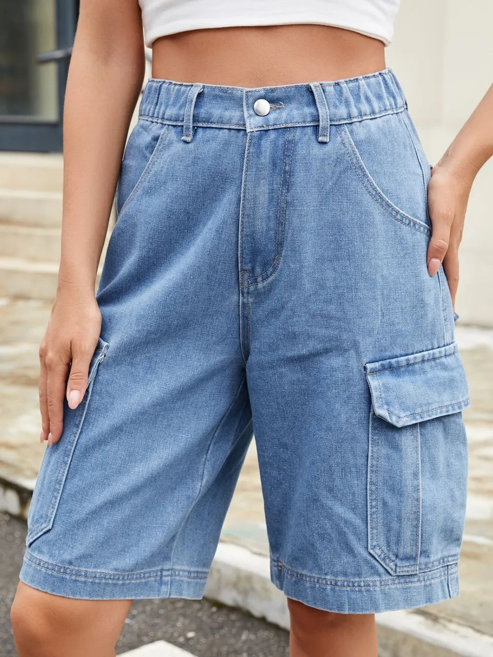High Waist Denim Shorts with Pockets - LODIMAE FASHION