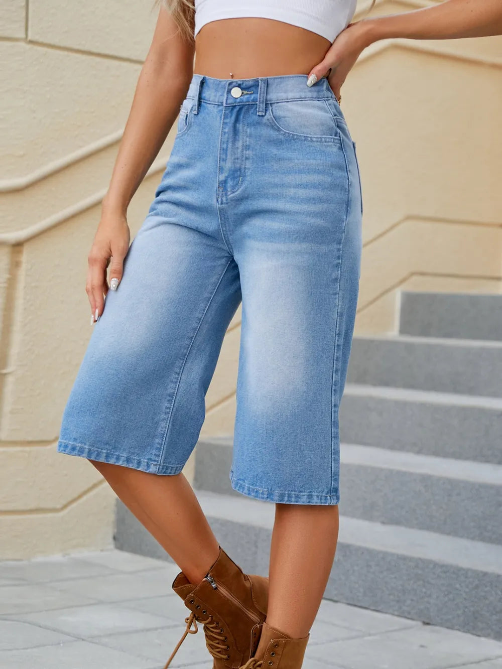 High Waist Denim Shorts with Pockets - LODIMAE FASHION