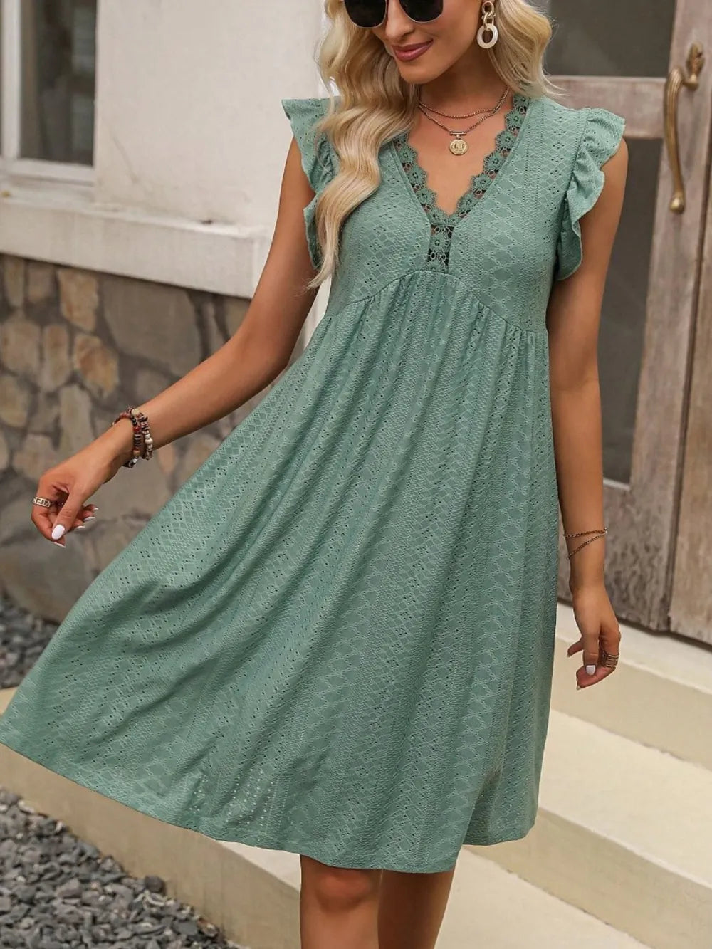 Lace Detail Ruffled Eyelet Mini Dress - LODIMAE FASHION