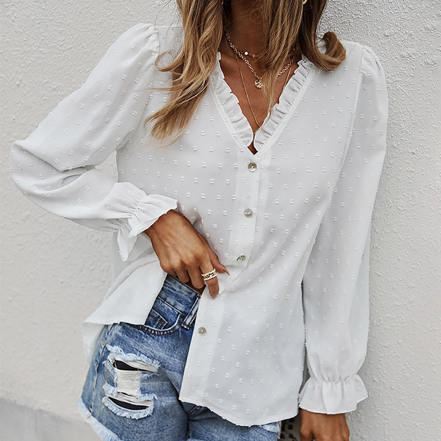 Women's Fashion Solid Color And V-neck Loose Jacquard Long Sleeve Casual Shirt Top - LODIMAE FASHION
