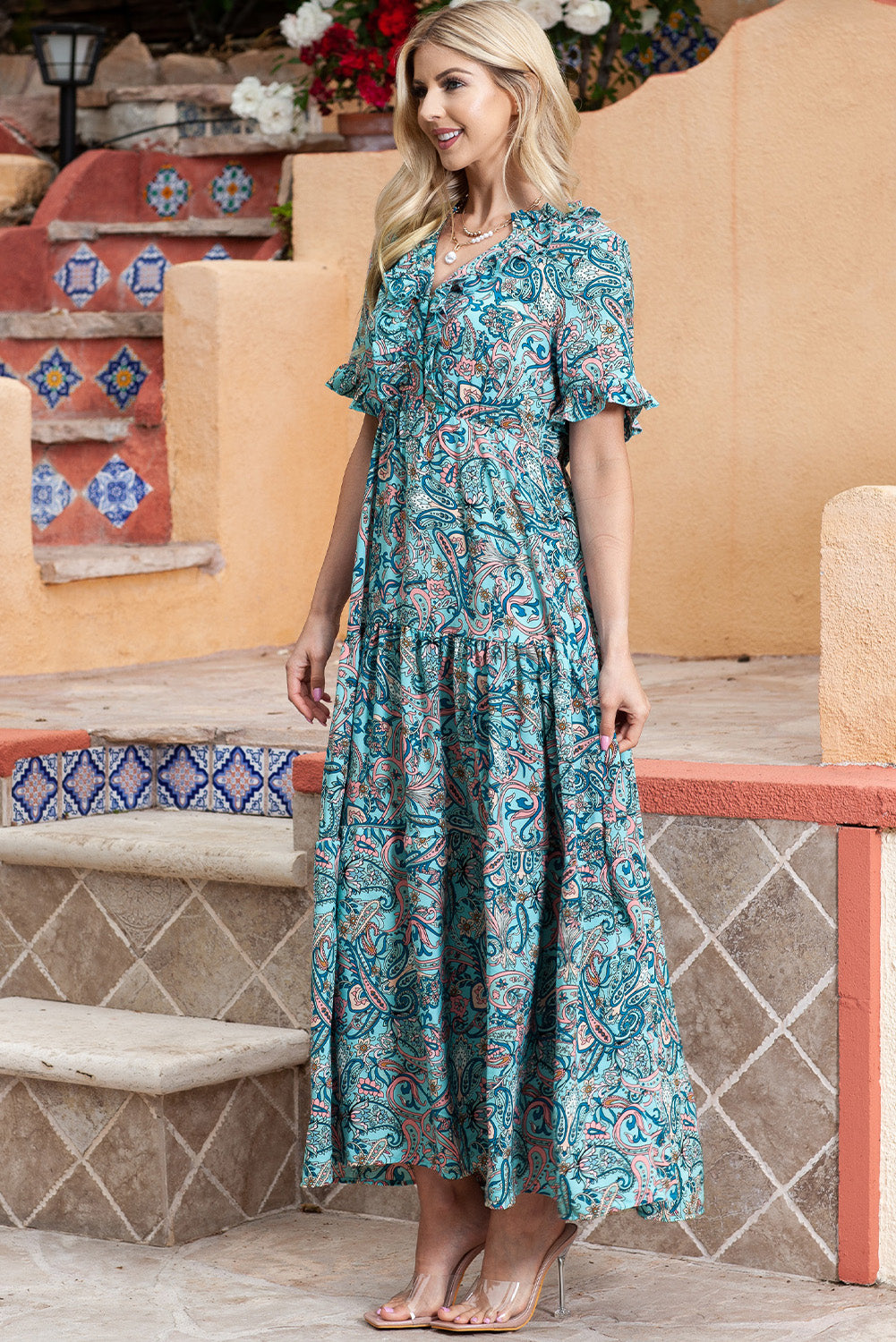 Paisley Print Flounce Sleeve Maxi Dress - LODIMAE FASHION