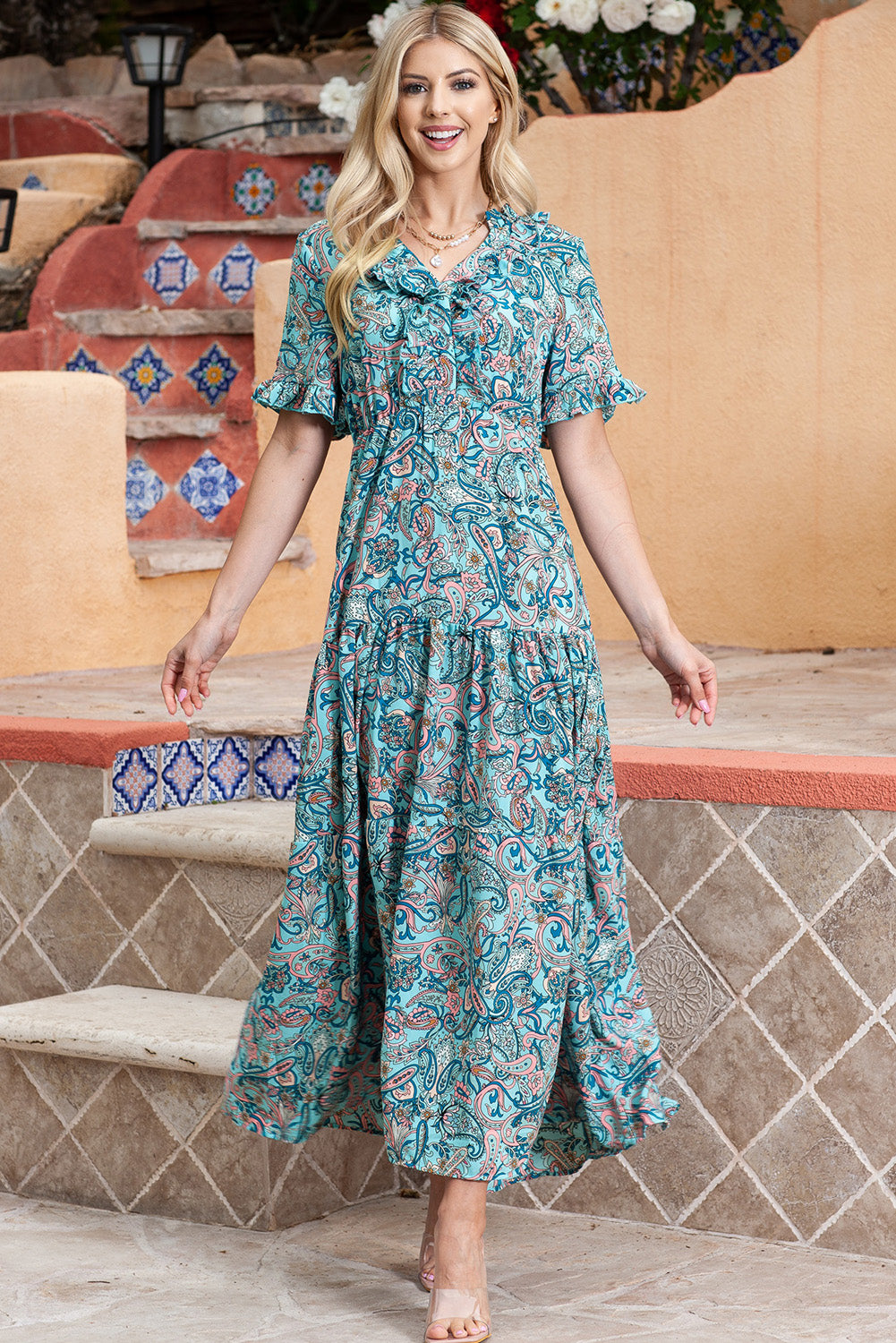 Paisley Print Flounce Sleeve Maxi Dress - LODIMAE FASHION