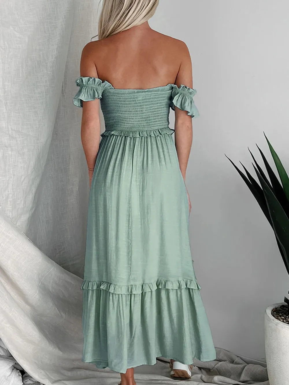 Perfee Frill Smocked Off-Shoulder Ruffle Sleeve Dress - LODIMAE FASHION