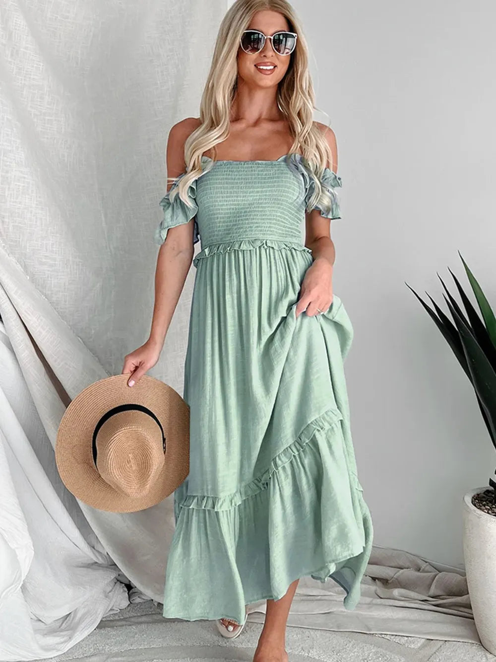 Perfee Frill Smocked Off-Shoulder Ruffle Sleeve Dress - LODIMAE FASHION