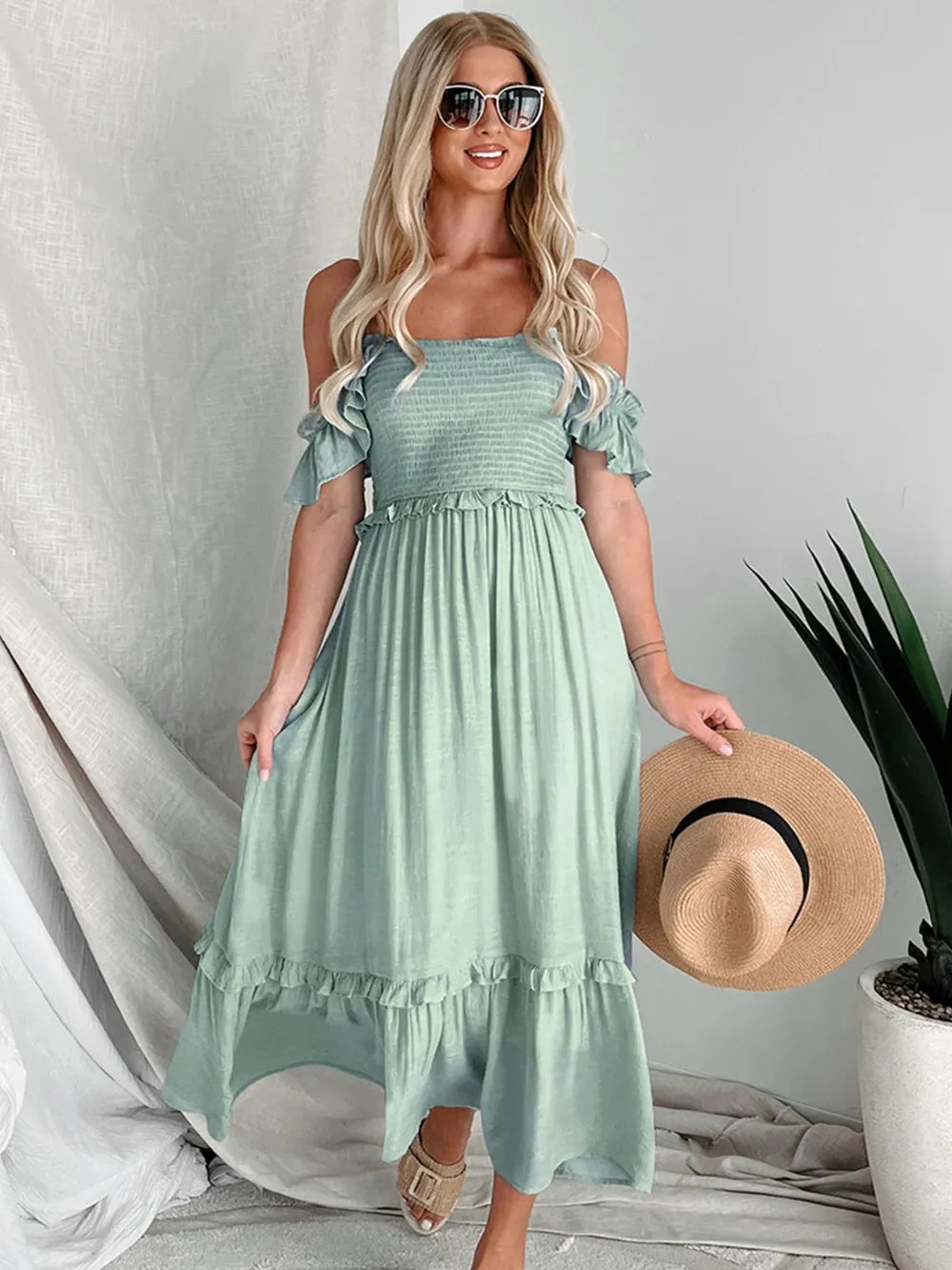 Perfee Frill Smocked Off-Shoulder Ruffle Sleeve Dress - LODIMAE FASHION