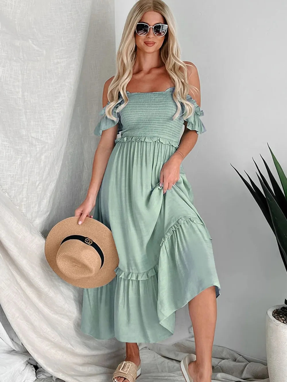 Perfee Frill Smocked Off-Shoulder Ruffle Sleeve Dress - LODIMAE FASHION