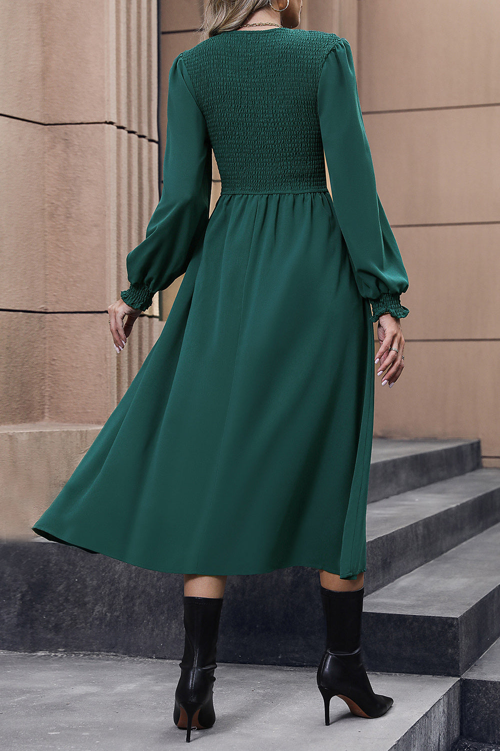 Perfee Smocked Long Sleeve Midi Dress - LODIMAE FASHION