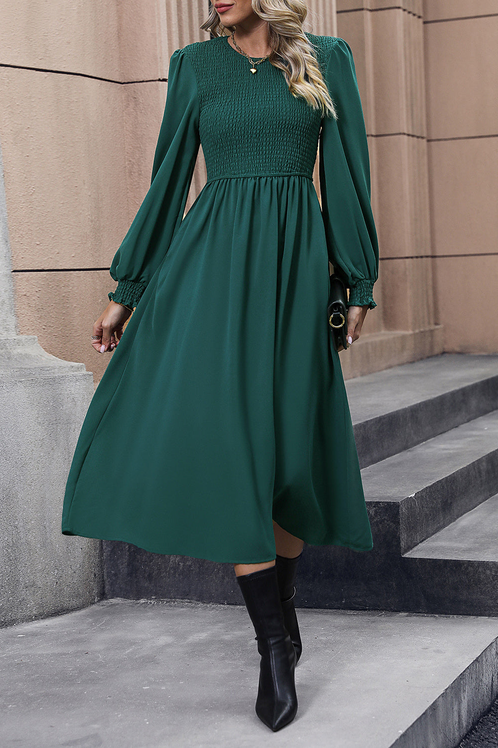 Perfee Smocked Long Sleeve Midi Dress - LODIMAE FASHION