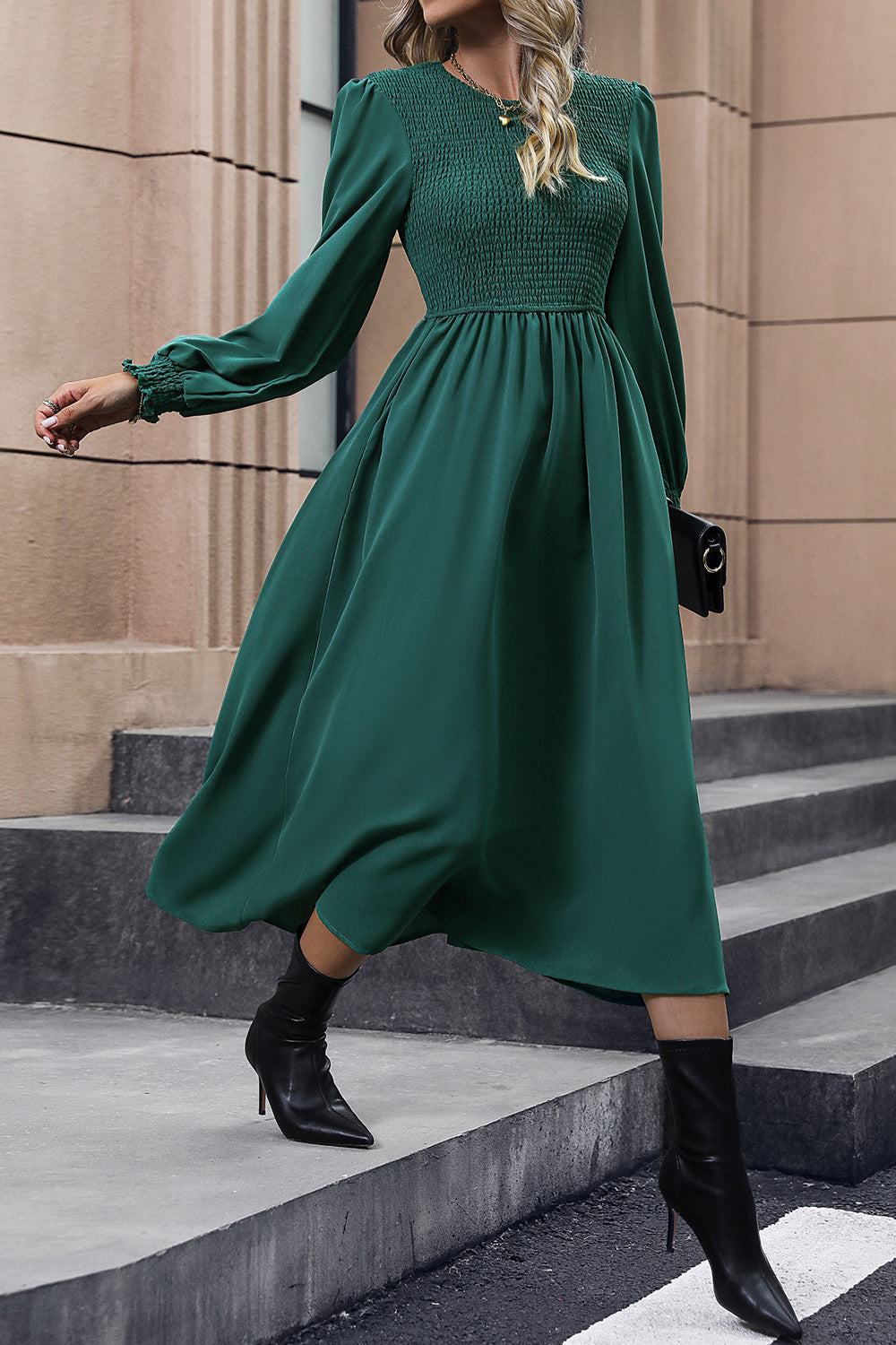 Perfee Smocked Long Sleeve Midi Dress - LODIMAE FASHION