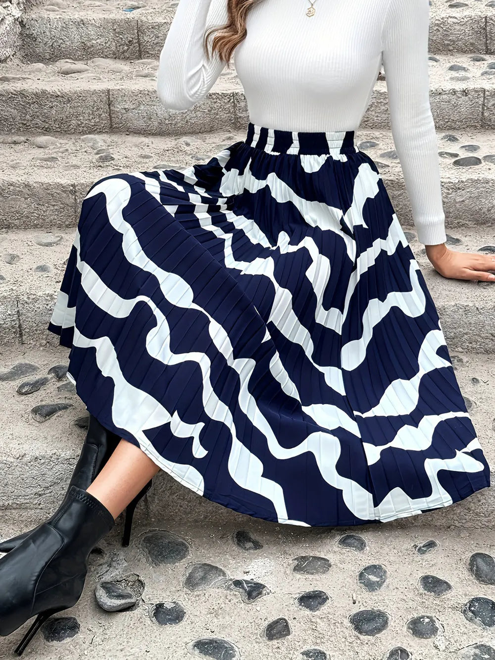 Pleated Printed Elastic Waist Skirt - LODIMAE FASHION