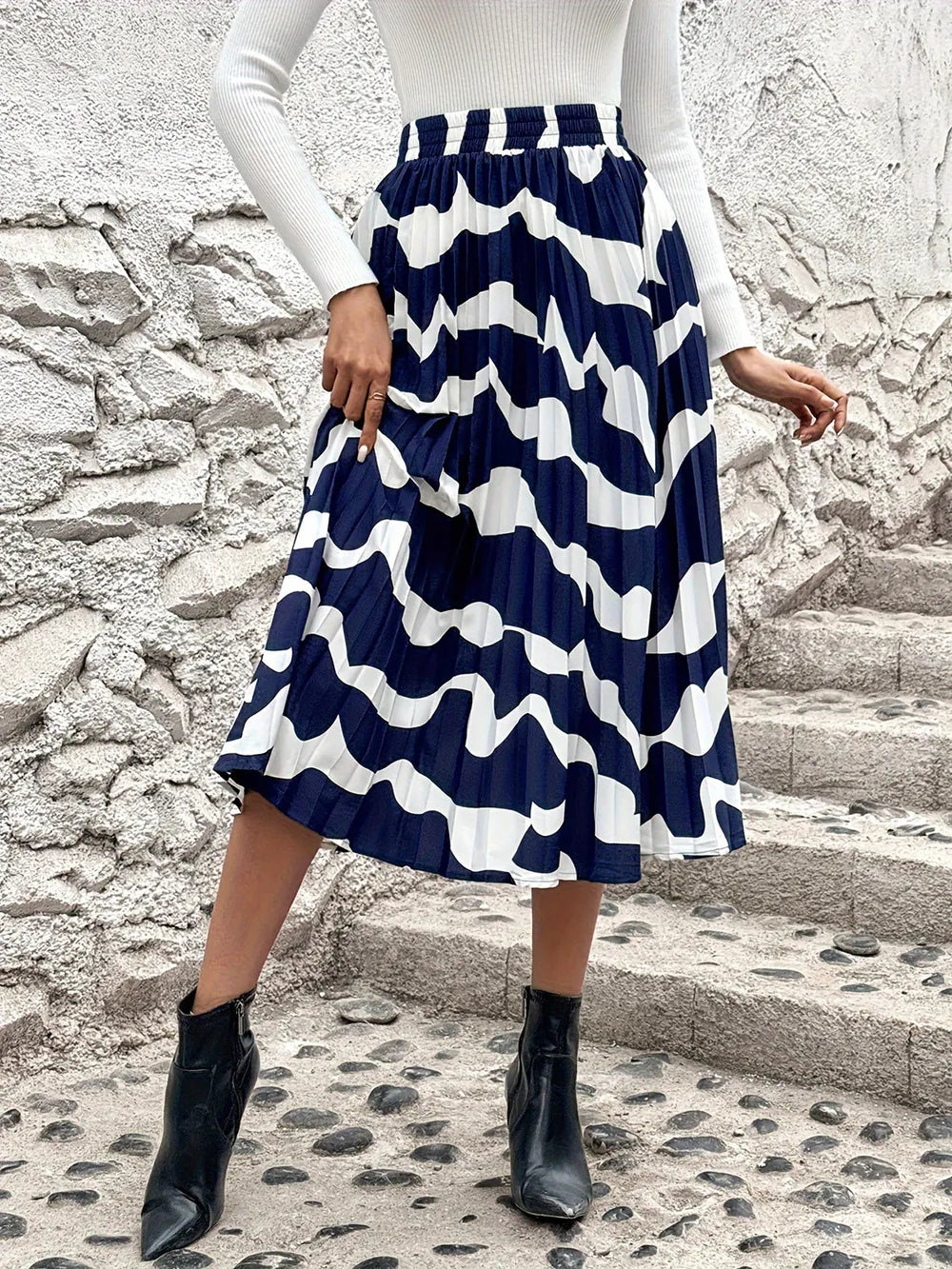 Pleated Printed Elastic Waist Skirt - LODIMAE FASHION