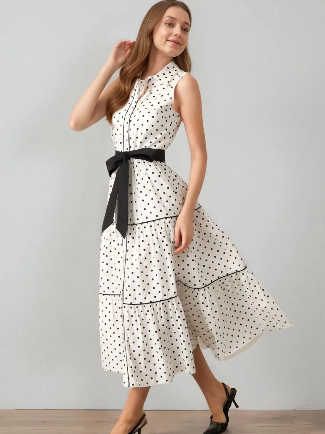 Polka Dot Sleeveless Midi Shirt Dress - LODIMAE FASHION