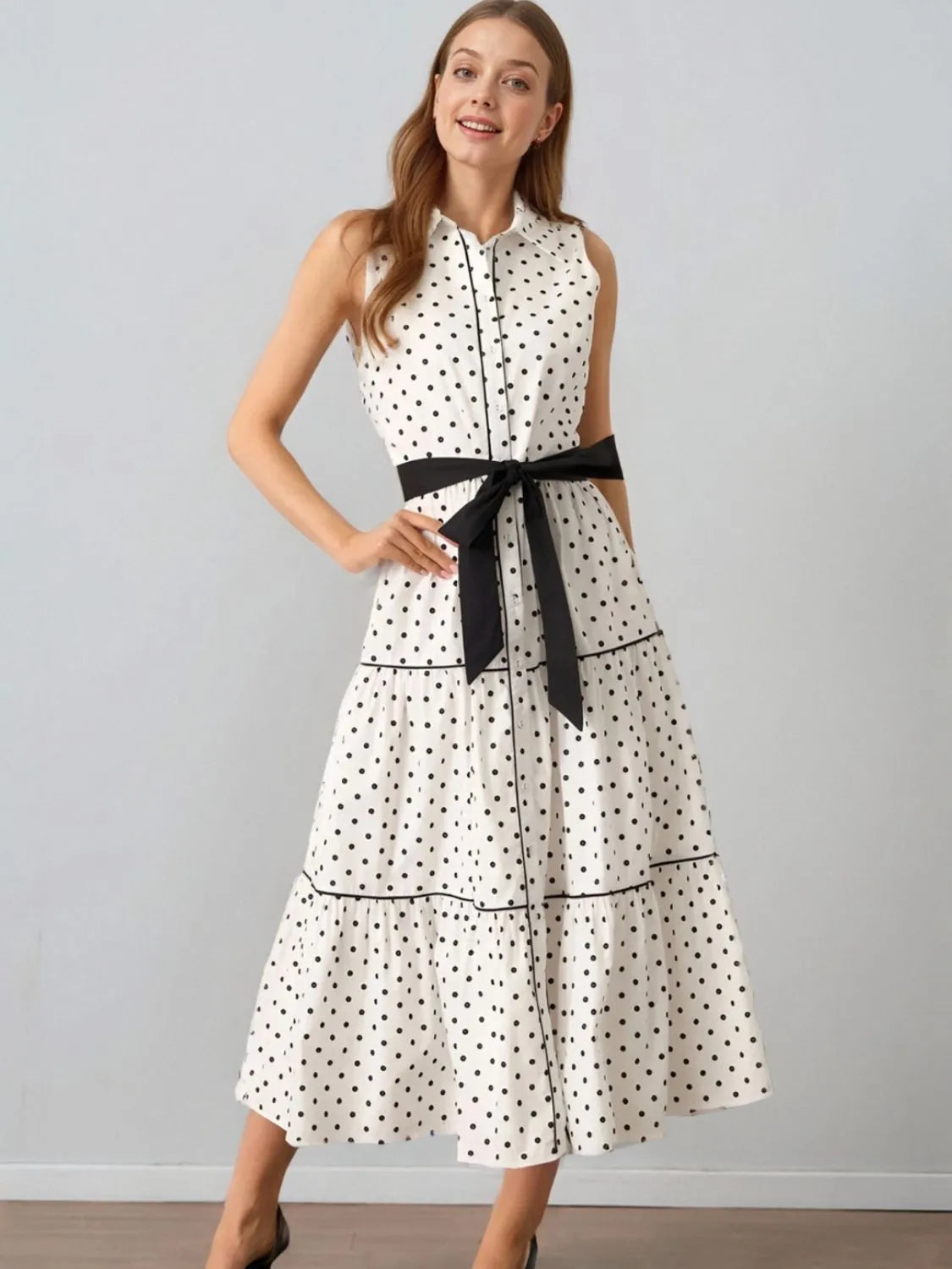 Polka Dot Sleeveless Midi Shirt Dress - LODIMAE FASHION