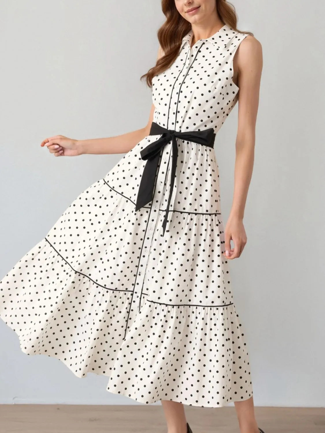 Polka Dot Sleeveless Midi Shirt Dress - LODIMAE FASHION