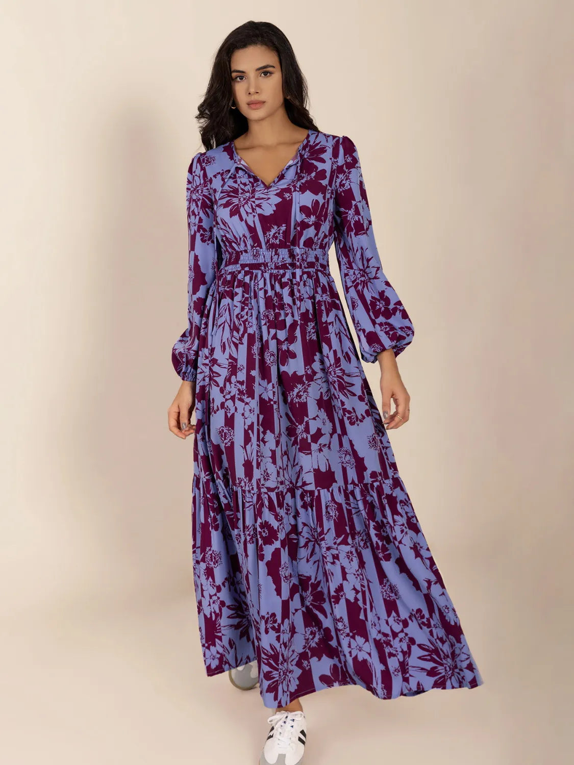 Printed Tie Neck Balloon Sleeve Maxi Dress - LODIMAE FASHION