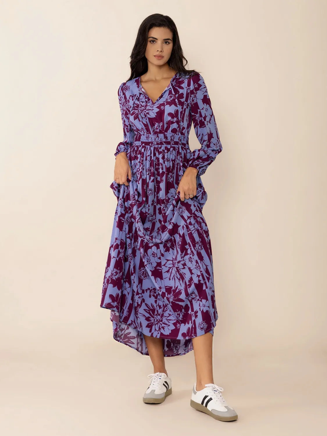 Printed Tie Neck Balloon Sleeve Maxi Dress - LODIMAE FASHION