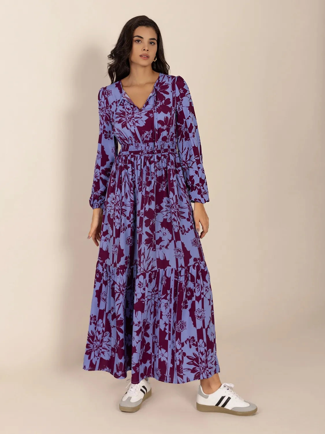 Printed Tie Neck Balloon Sleeve Maxi Dress - LODIMAE FASHION