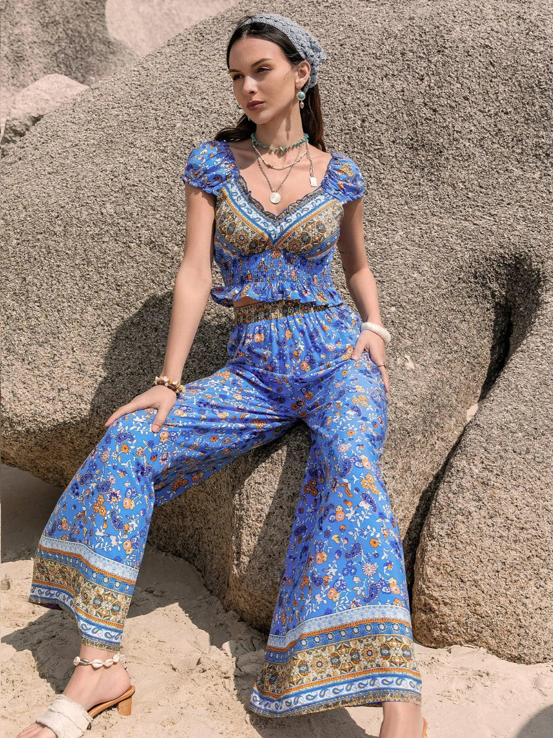 Printed V-Neck Top and Pants Set - LODIMAE FASHION